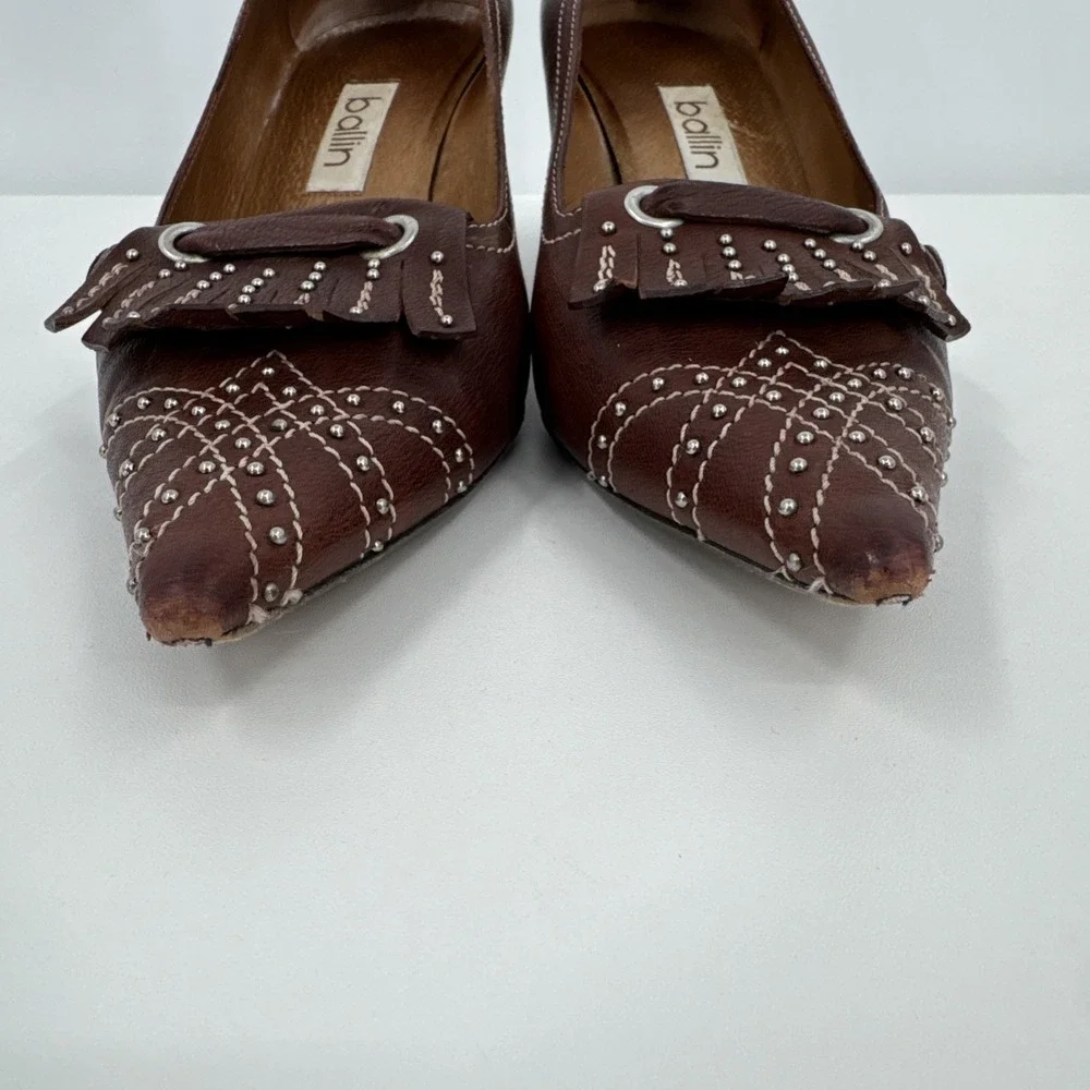 Ballin VTG Brown‎ Leather Kitten Heel 37.5 Italy Studded Fringe Metal Classic
